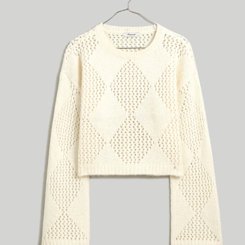 Diamond-Stitch Crewneck Crop Sweater
